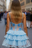 Load image into Gallery viewer, White Blue Flower A Line Short Tulle Homecoming Dress with Ruffles