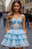 Load image into Gallery viewer, White Blue Flower A Line Short Tulle Homecoming Dress with Ruffles