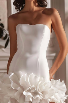 White Satin Strapless Tight Short Homecoming Dress with Ruffles