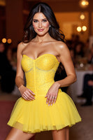 Load image into Gallery viewer, Sparkly Yellow A Line Strapless Beading Homecoming Dress with Short