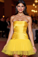 Load image into Gallery viewer, Yellow Strapless Short Tight Satin Homecoming Dress with Ruffles