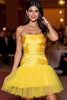 Load image into Gallery viewer, Yellow Strapless Short Tight Satin Homecoming Dress with Ruffles