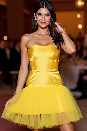 Yellow Strapless Short Tight Satin Homecoming Dress with Ruffles
