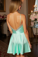 Load image into Gallery viewer, Sparkly Green Spaghetti Straps Short Satin Homecoming Dress wiith Beading