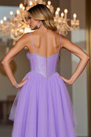 Load image into Gallery viewer, Sparkly Spaghetti Straps Purple Corset High-Low Homecoming Dress