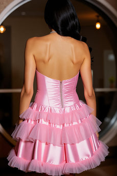 Pink Strapless A Line Satin Short Homecoming Dress with Ruffles
