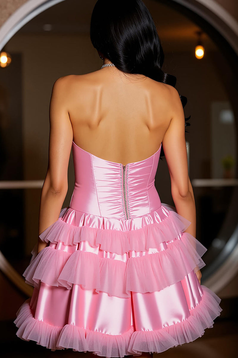 Load image into Gallery viewer, Pink Strapless A Line Satin Short Homecoming Dress with Ruffles