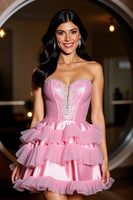 Load image into Gallery viewer, Sparkly Pink Strapless Beading Short Homecoming Dress with Ruffled