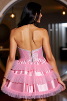 Load image into Gallery viewer, Sparkly Pink Strapless Beading Short Homecoming Dress with Ruffled
