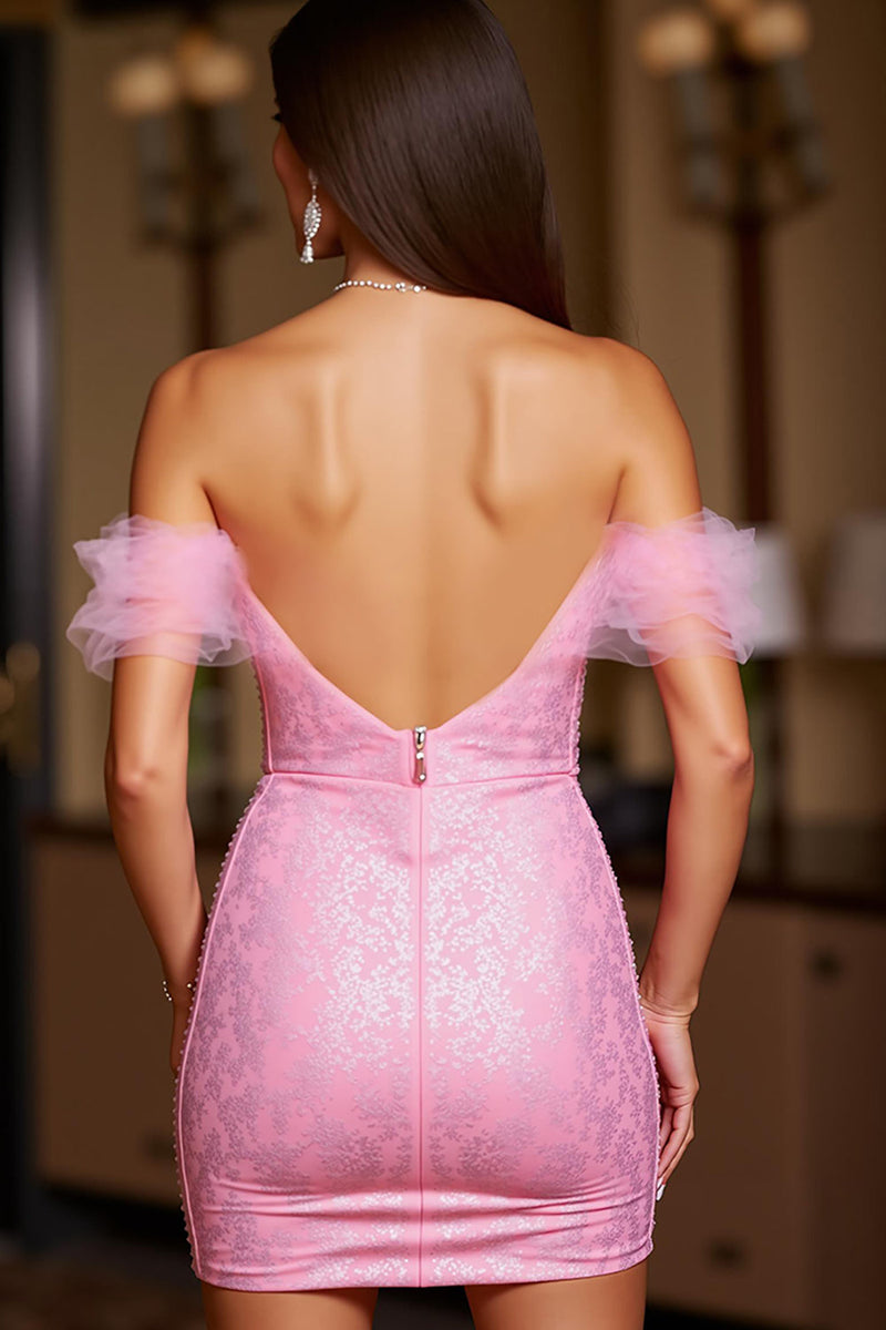 Load image into Gallery viewer, Pink Off the Shoulder Lace Tight Short Homecoming Dress