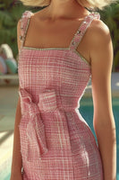 Load image into Gallery viewer, Pink Sparkly Tweed Plaid Cami Tight Short Homecoming Dress with Bow
