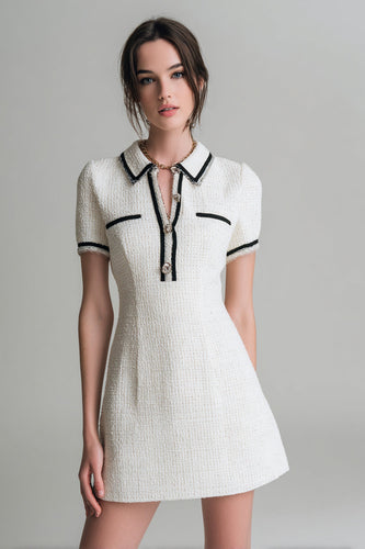 White Tweed Short Sleeves Collar Neck Pageant Interview Dress with Buttons