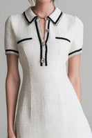 Load image into Gallery viewer, White Tweed Short Sleeves Collar Neck Pageant Interview Dress with Buttons