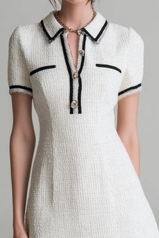 White Tweed Short Sleeves Collar Neck Pageant Interview Dress with Buttons