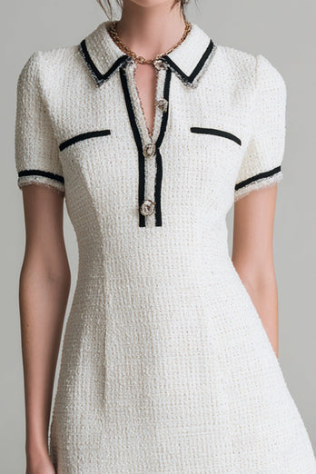 White Tweed Short Sleeves Collar Neck Pageant Interview Dress with Buttons