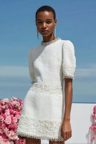 Sparkly Tweed White Tight Short Homecoming Dress with Pearls
