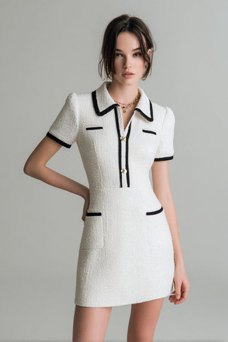Tweed White Short Sleeves Tight Pageant Interview Dress with Buttons