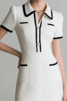 Tweed White Short Sleeves Tight Pageant Interview Dress with Buttons