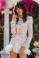 Load image into Gallery viewer, Queendancer Women Light Pink Tweed Short Homecoming Outfits with Ruffles Single Breasted Tight Plaid Long Sleeves Pageant Interview Outfits