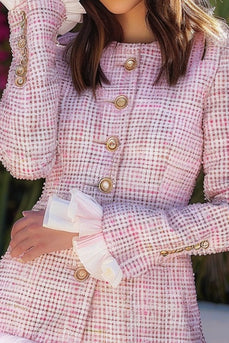 Pink Plaid Tweed Ruffled Tight Short Homecoming Dress with Buttons
