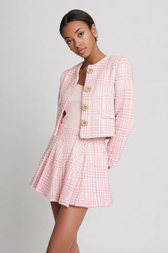 Pink Plaid 2 Piece Tweed Homecoming Outfits with Buttons