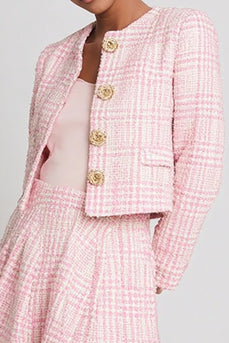 Pink Plaid 2 Piece Tweed Homecoming Outfits with Buttons