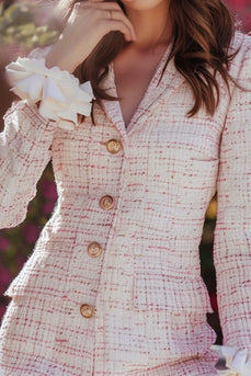 Light Pink Ruffled Plaid Tweed Tight Short Homecoming Dress with Buttons