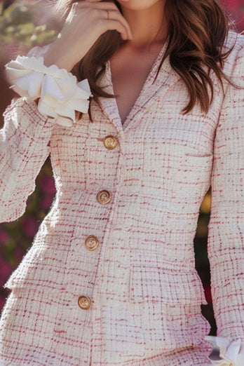 Light Pink Ruffled Plaid Tweed Tight Short Homecoming Dress with Buttons