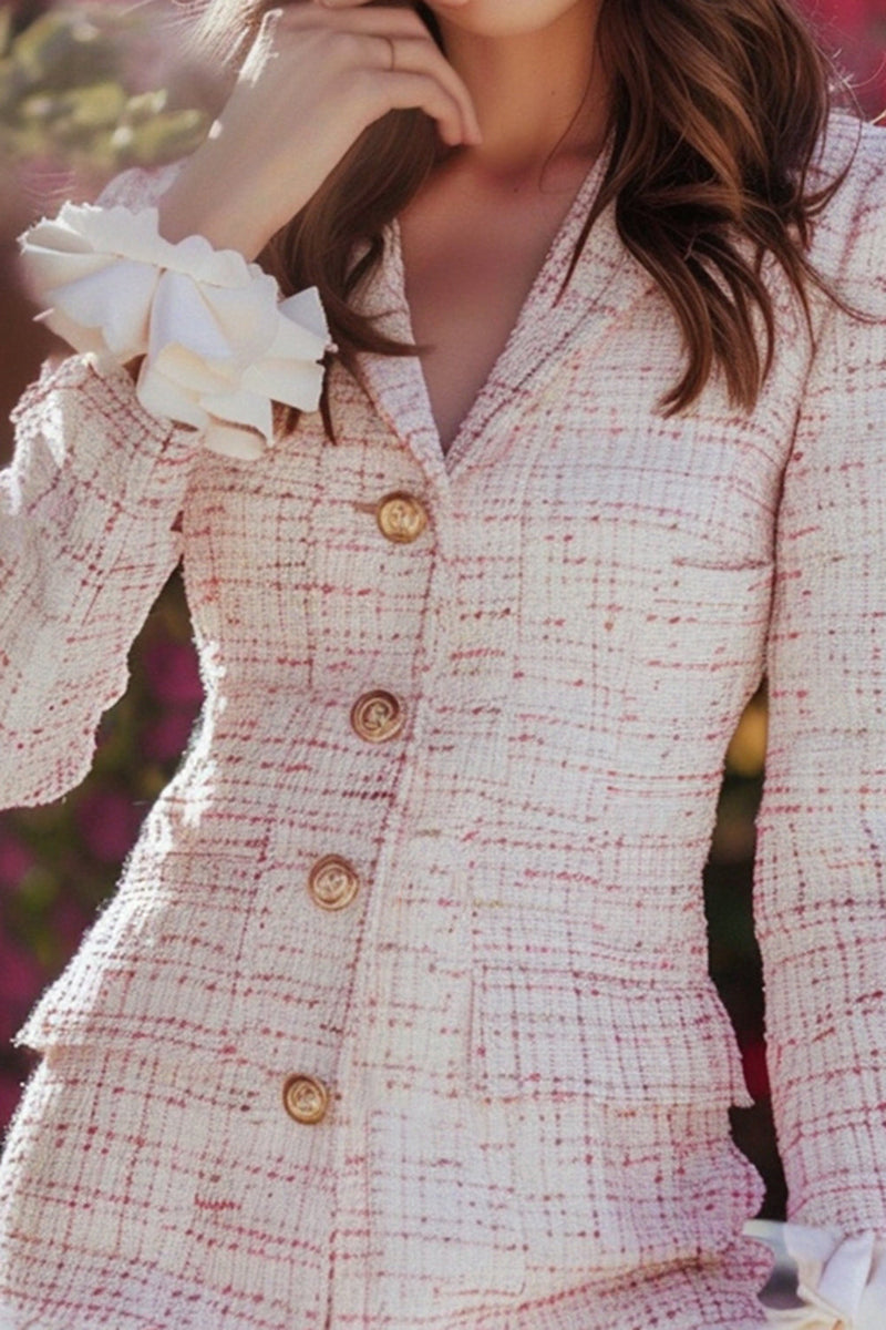Load image into Gallery viewer, Light Pink Ruffled Plaid Tweed Tight Short Homecoming Dress with Buttons