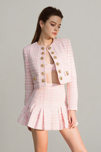 Pink 2 Piece Tweed Plaid Homecoming Outfits with Buttons