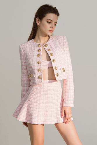 Pink 2 Piece Tweed Plaid Short Homecoming Outfits with Buttons