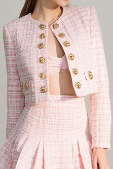 Pink 2 Piece Tweed Plaid Homecoming Outfits with Buttons