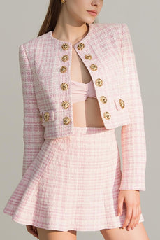 Pink 2 Piece Tweed Plaid Short Homecoming Outfits with Buttons