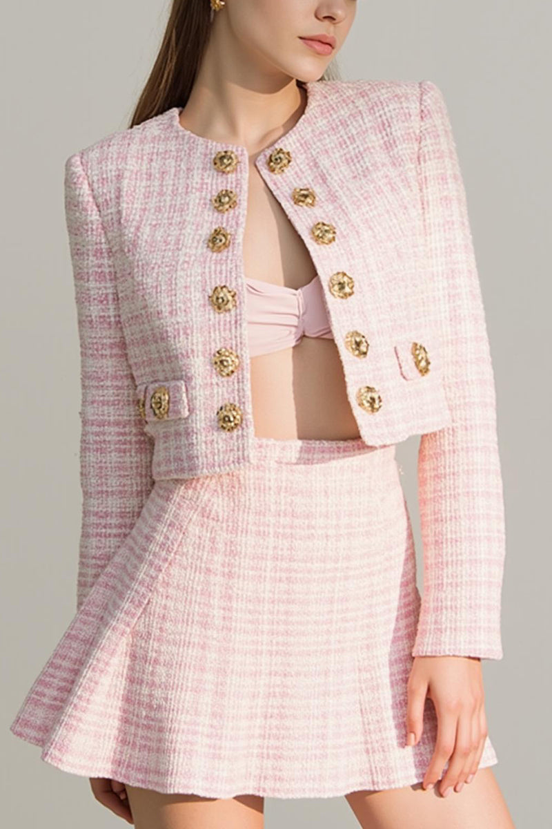 Load image into Gallery viewer, Pink 2 Piece Tweed Plaid Short Homecoming Outfits with Buttons