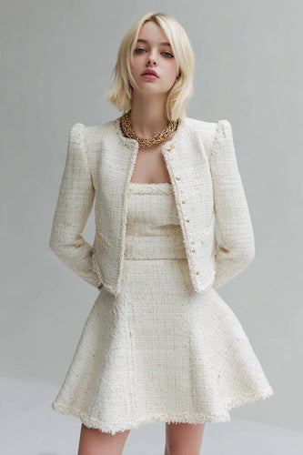 2 Piece White Tweed Homecoming Outfits with Sleeves