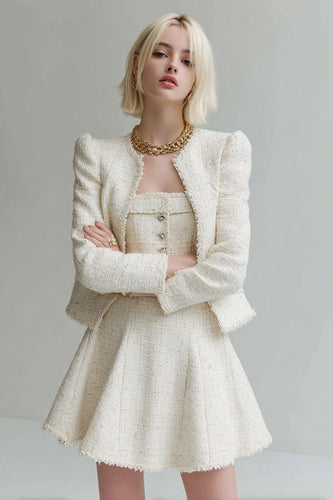 White 2 Piece Long Sleeves Tweed Homecoming Outfits