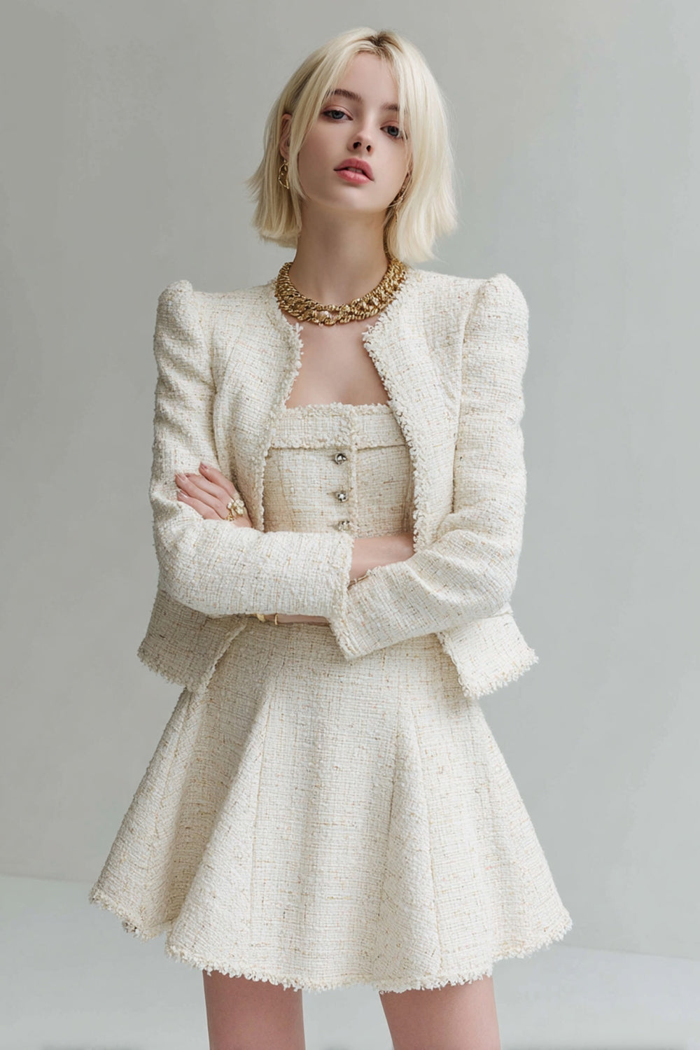 White 2 Piece Long Sleeves Tweed Homecoming Outfits