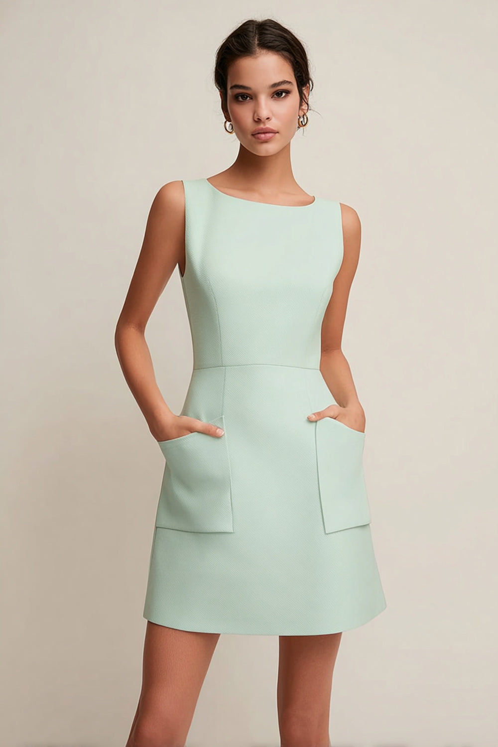 Simple Green Short Boat Neck Pageant Interview Dress with Pockets