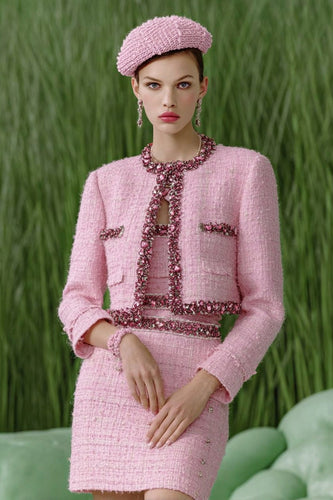 3 Piece Pink Sparkly Tweed Homecoming Outfits with Rhinestones