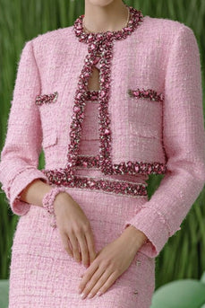 3 Piece Pink Sparkly Tweed Homecoming Outfits with Rhinestones