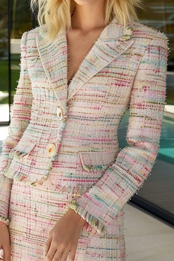 Light Pink 2 Piece Plaid Tweed Peak Lapel Homecoming Outfits with Fringes