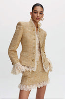 Load image into Gallery viewer, Golden Tight 2 Piece High Neck Tweed Homecoming Outfits with Lace