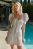 Load image into Gallery viewer, Pink and Blue Tweed Puff Sleeves Tight Short Homecoming Dress
