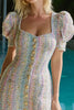 Load image into Gallery viewer, Pink and Blue Tweed Puff Sleeves Tight Short Homecoming Dress