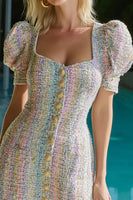 Load image into Gallery viewer, Pink and Blue Tweed Puff Sleeves Tight Short Homecoming Dress