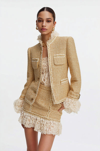 Golden Tweed 2 Piece Ruffled Tight Homecoming Outfits with Lace