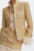 Load image into Gallery viewer, Golden Tweed 2 Piece Ruffled Tight Homecoming Outfits with Lace