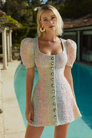Load image into Gallery viewer, Pink and Blue Tweed Scoop Neck Tight Short Homecoming Dress with Sleeves