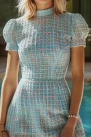 Load image into Gallery viewer, Blue Plaid Tweed High Neck Tight Short Homecoming Dress with Sleeves