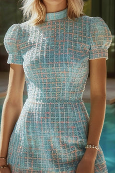 Blue Plaid Tweed High Neck Tight Short Homecoming Dress with Sleeves